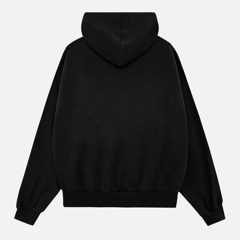 back of premium black streetwear hoodie for sale at Throwbacks