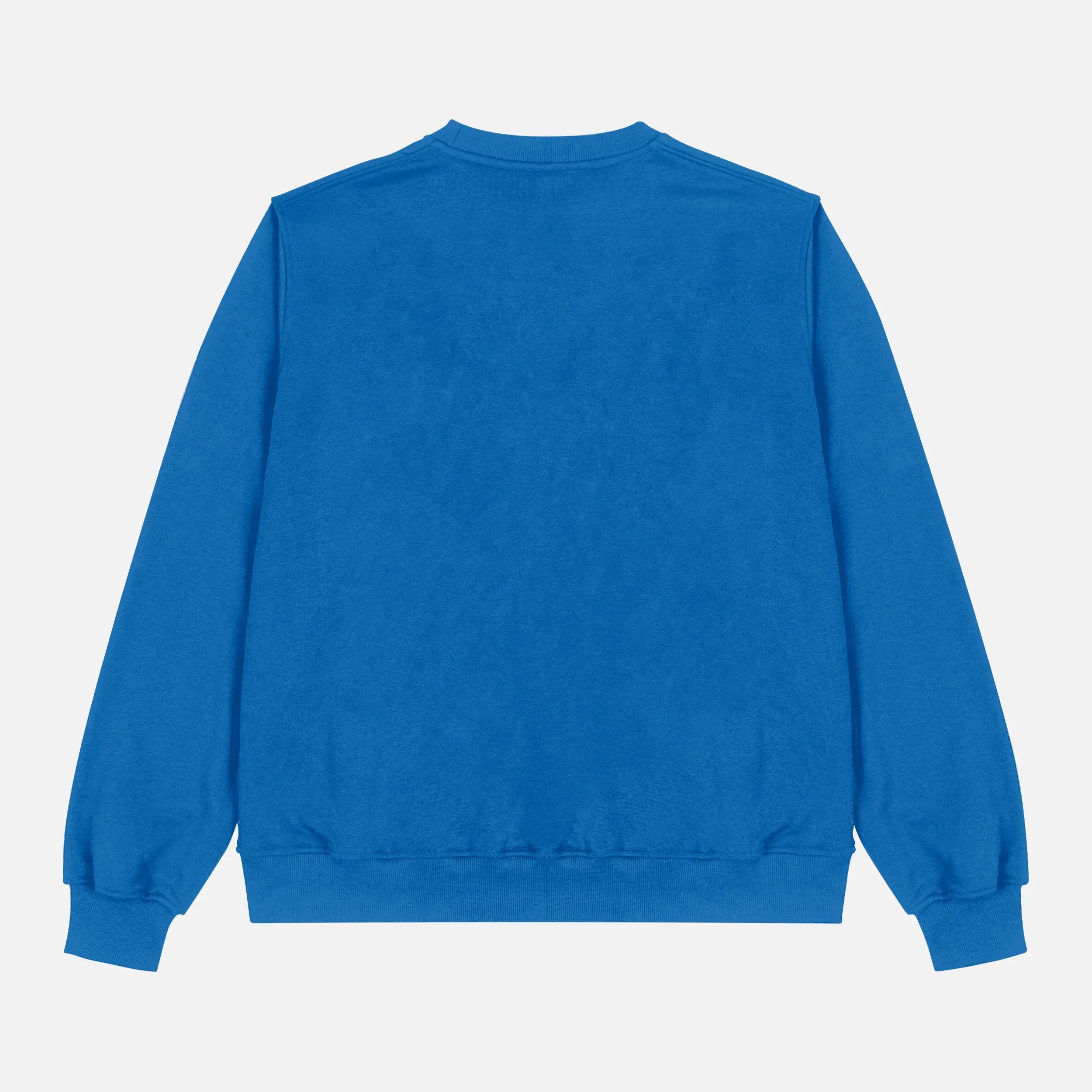 Back of heavyweight royal blue crewneck sweatshirt for basketball and sports apparel for sale at Throwbacks