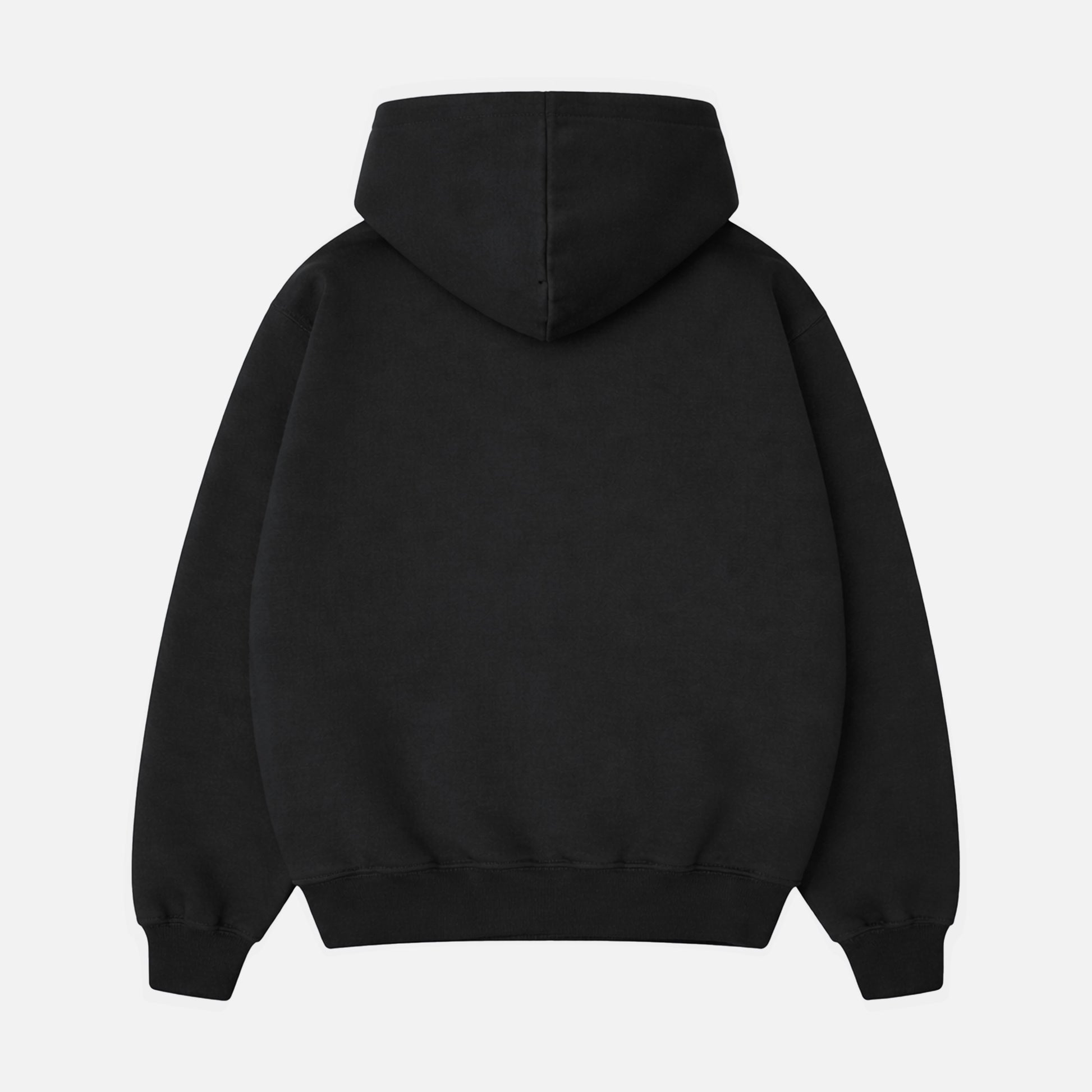 Back of a heavyweight black hoodie for sale at Throwbacks