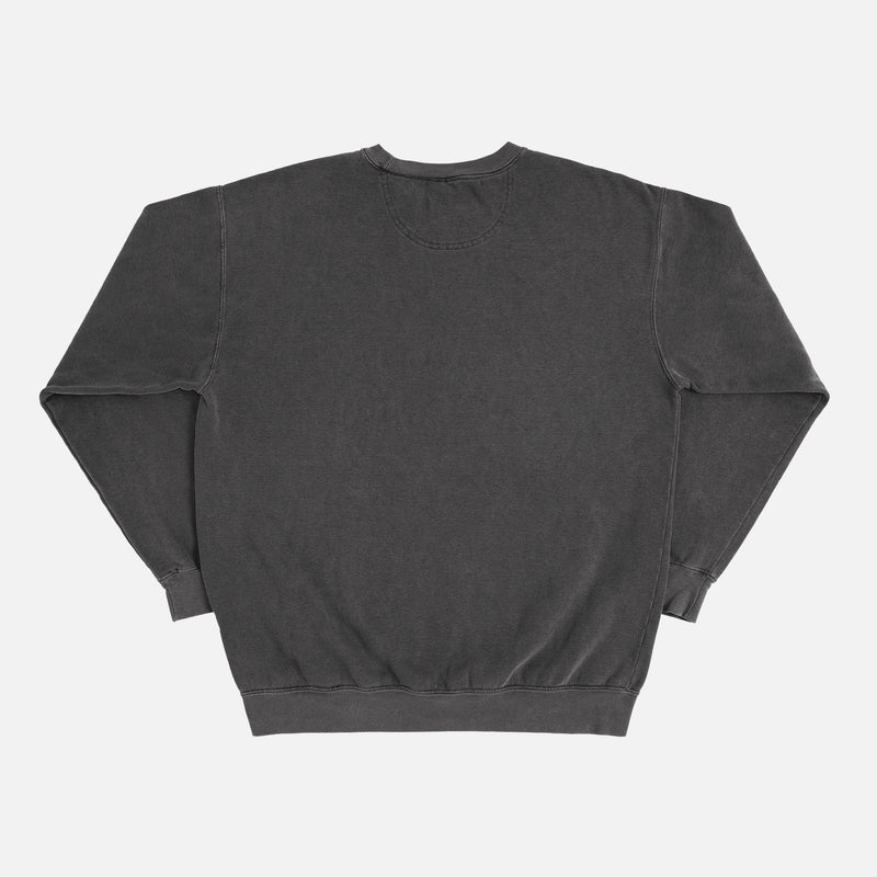 Back of distressed black crewneck sweatshirt for sale at throwbacks with movie, tv show, and sports sweatshirts for sale