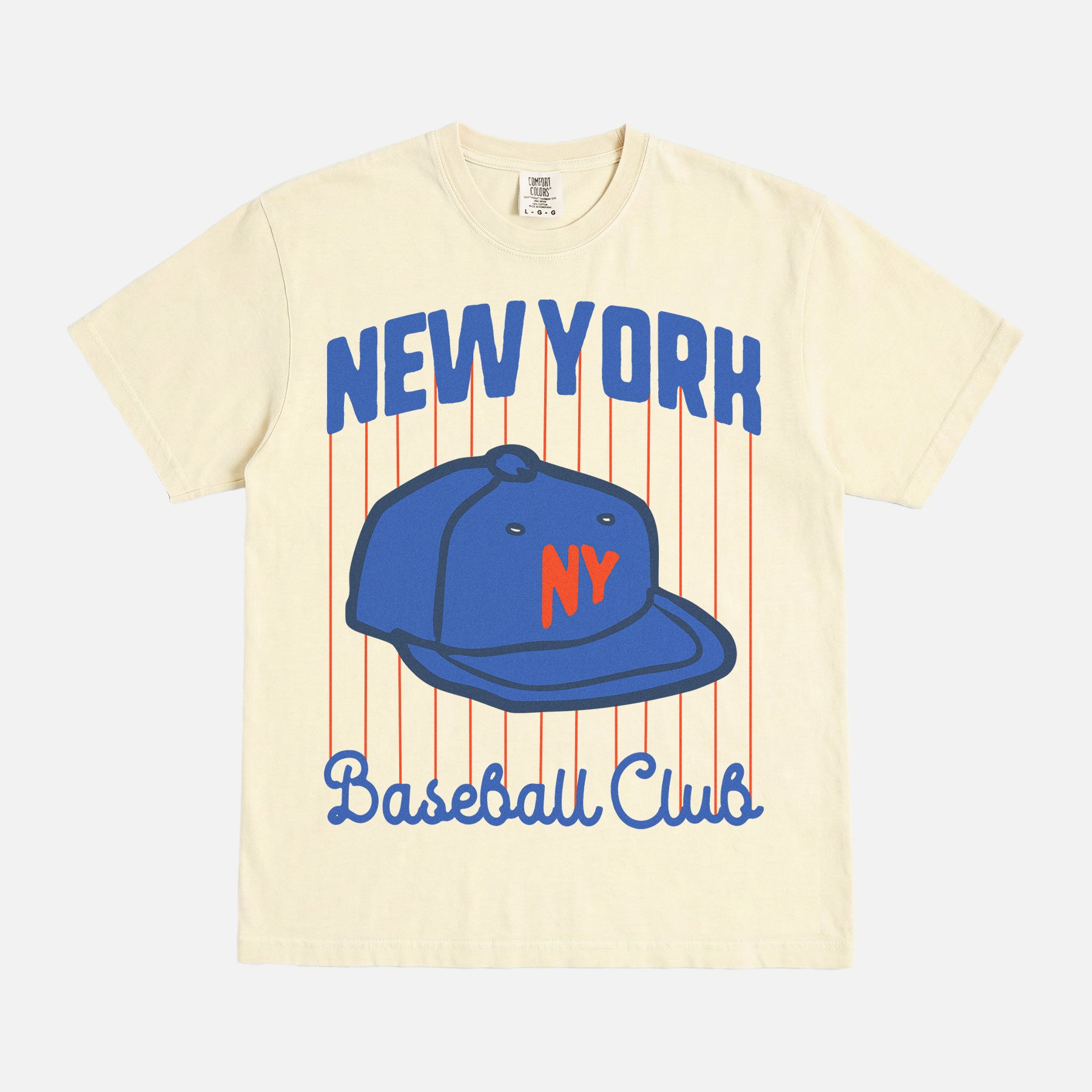 New York Mets streetwear graphic tee with royal blue and orange pinstripes and NY baseball hat on an off white unisex t-shirt