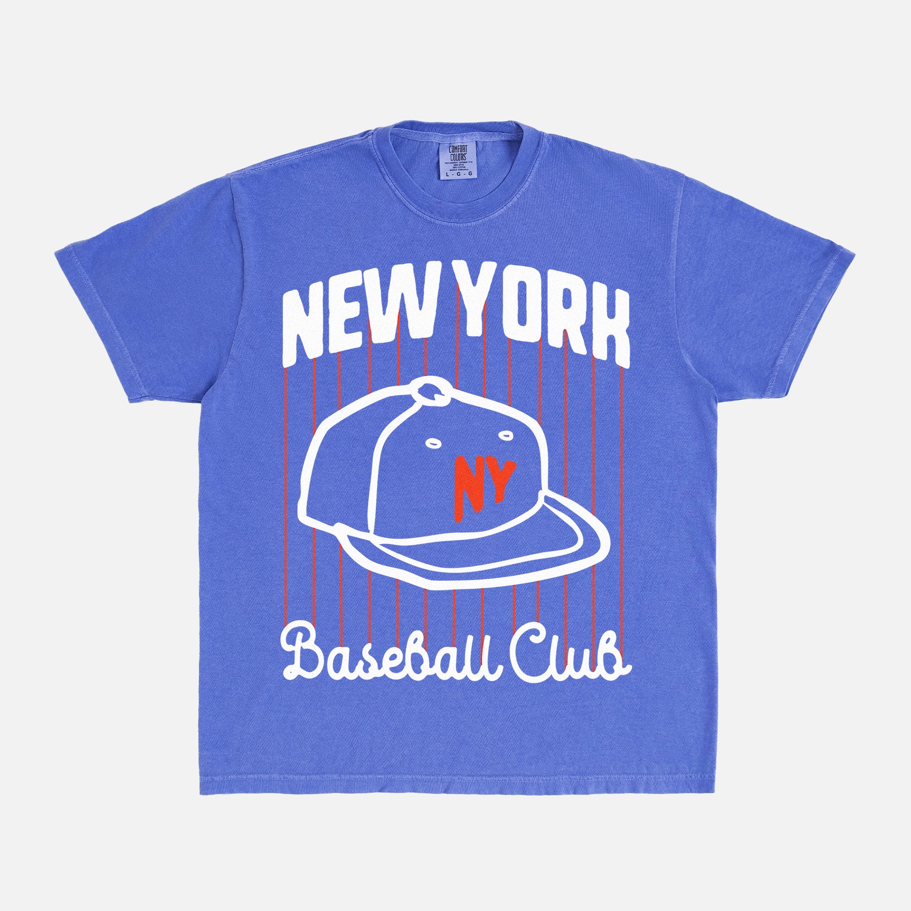 New York Mets streetwear graphic tee with white and orange pinstripes and NY baseball hat on a washed blue comfort colors unisex t-shirt