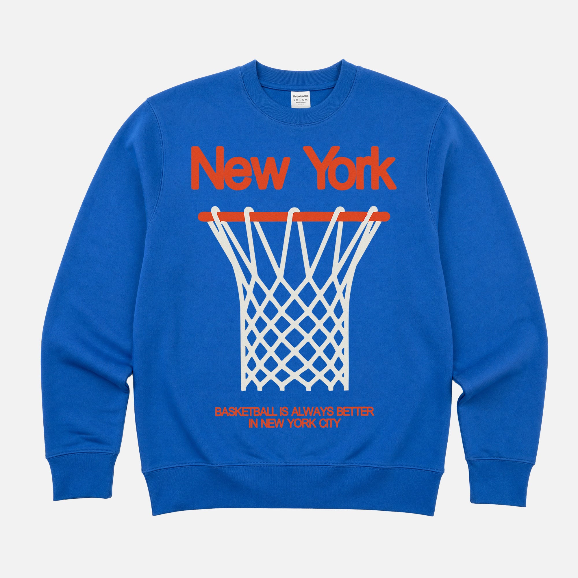 Retro Royal Blue NY Knicks streetwear heavyweight crewneck sweatshirt with oversized orange 80's style graphic for men and women