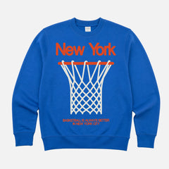Retro Royal Blue NY Knicks streetwear heavyweight crewneck sweatshirt with oversized orange 80's style graphic for men and women