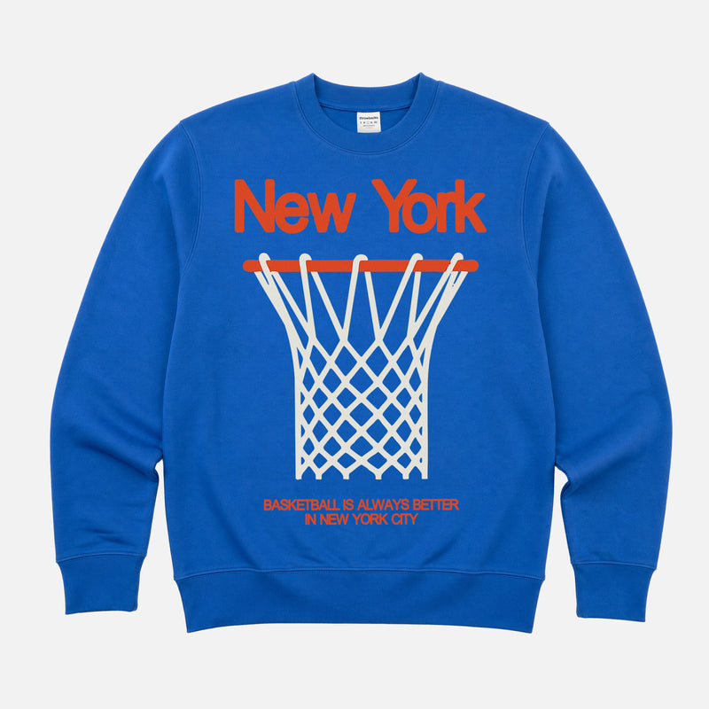 Retro Royal Blue NY Knicks streetwear heavyweight crewneck sweatshirt with oversized orange 80's style graphic for men and women