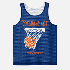 OKC Thunder basketball mesh training jersey with blue and orange streetwear graphic on a reversible unisex royal jersey