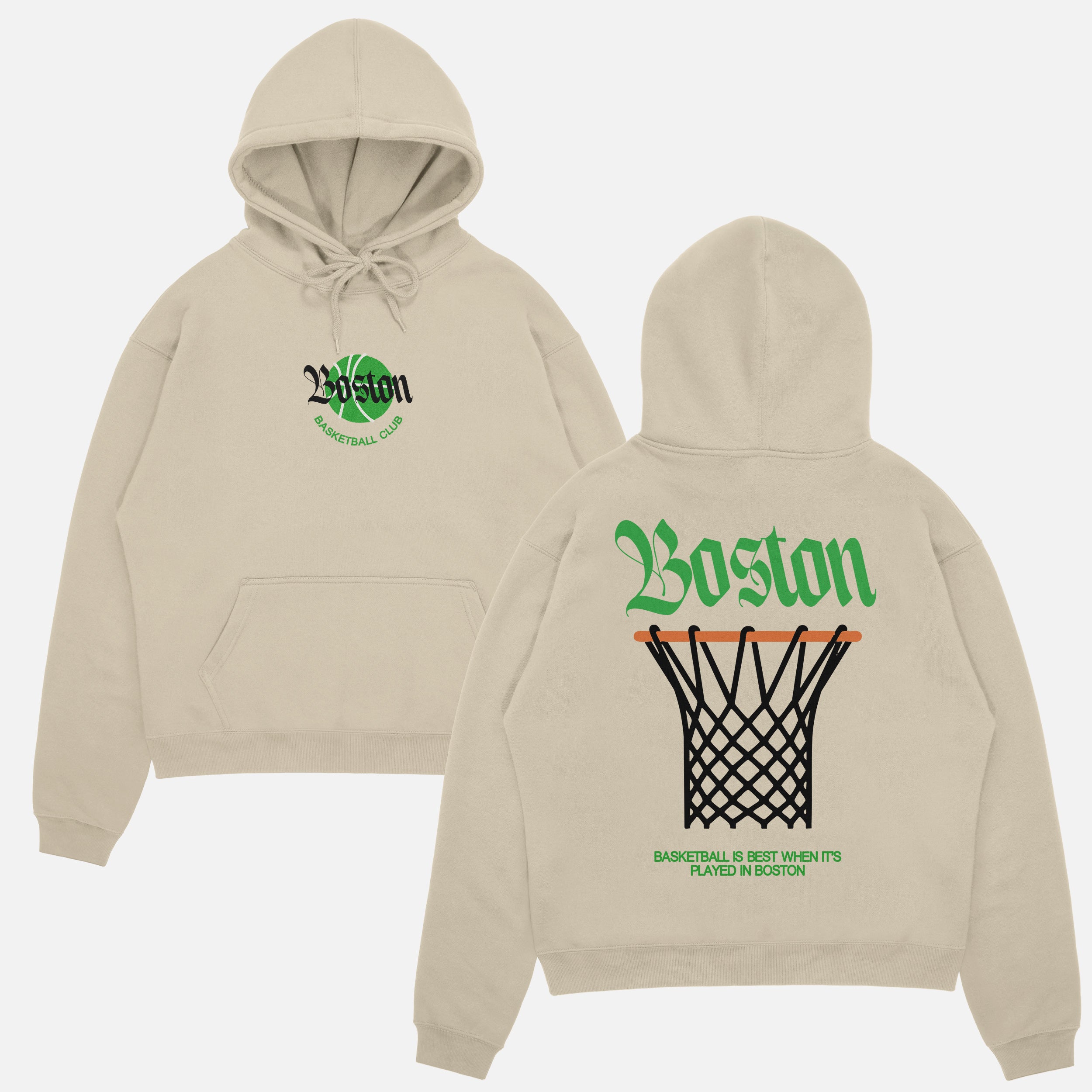 Beige off white Boston Celtics streetwear hoodie with large oversized back print and blackletter text on a heavyweight hooded sweatshirt for men and women