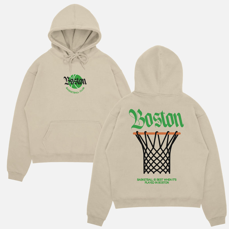 Beige off white Boston Celtics streetwear hoodie with large oversized back print and blackletter text on a heavyweight hooded sweatshirt for men and women