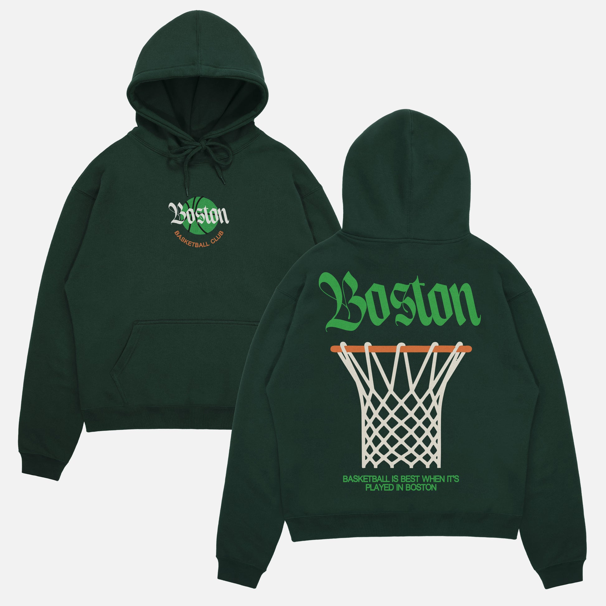 Green Boston Celtics streetwear hoodie with large oversized back print and blacketter text on a heavyweight hooded sweatshirt for men and women