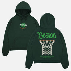 Green Boston Celtics streetwear hoodie with large oversized back print and blacketter text on a heavyweight hooded sweatshirt for men and women