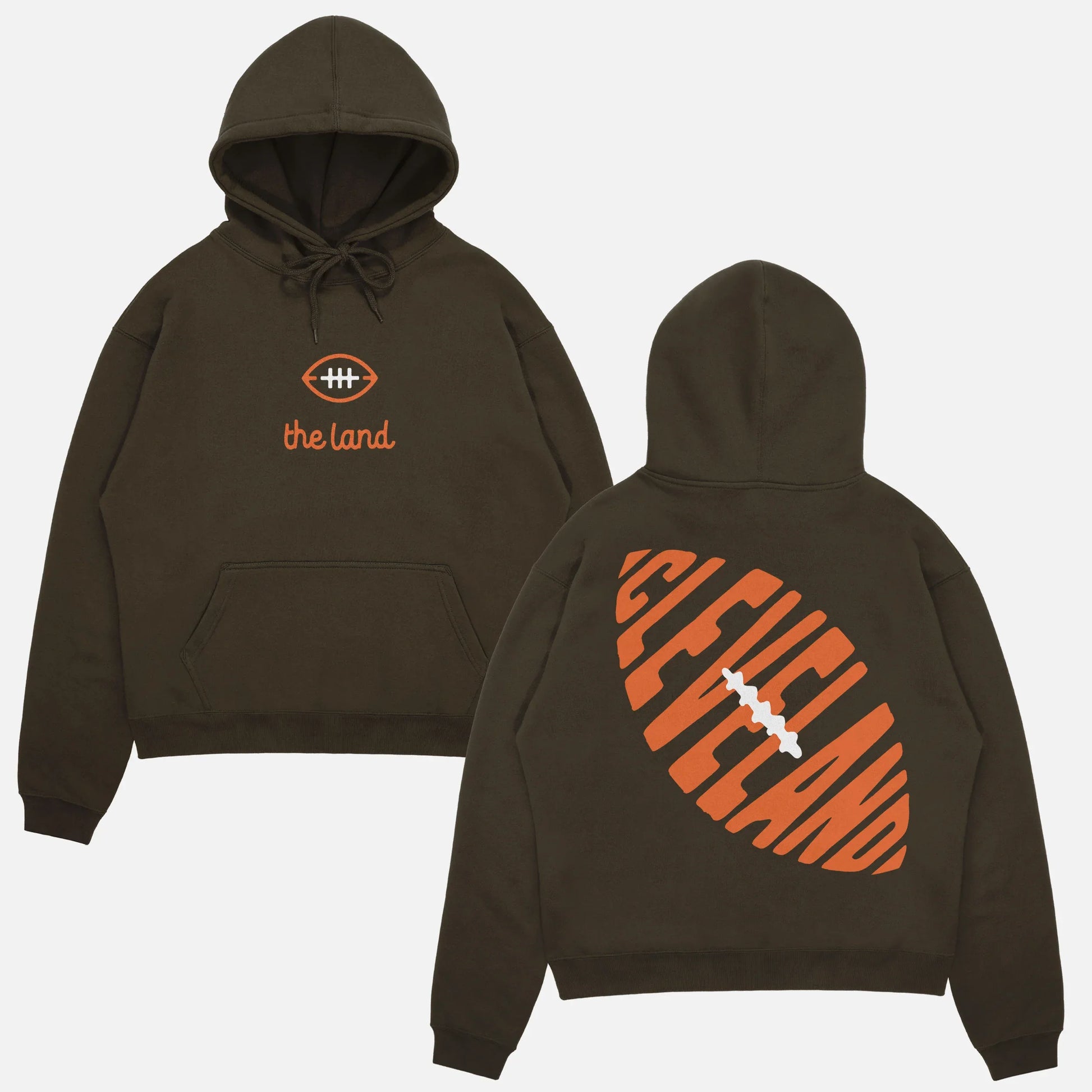 Cute throwback Cleveland Browns "The Land" brown and orange football hoodie with front and back print