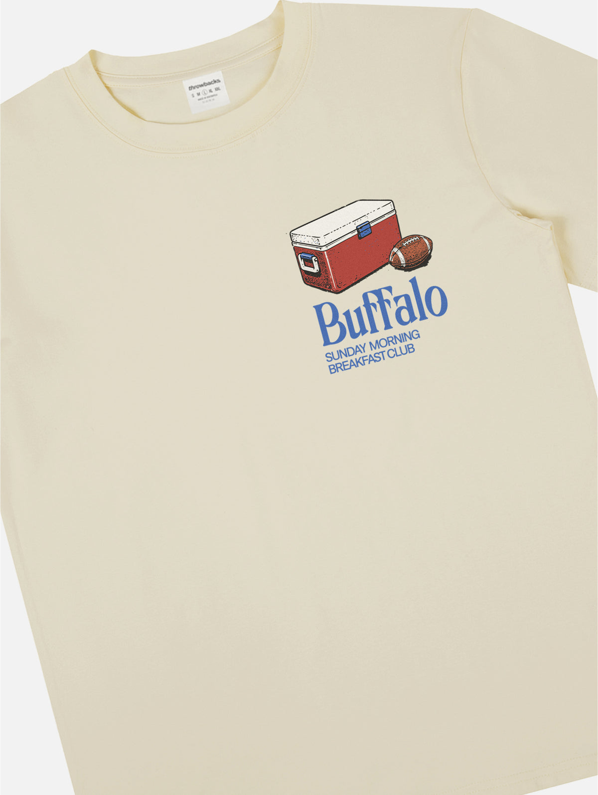 cute vintage Buffalo Bills tailgating shirt for Bills Mafia NFL fans with retro BBQ and cooler graphic on a unisex beige lightweight graphic tee for sale at Throwbacks