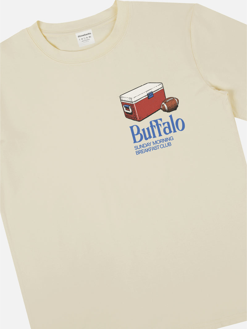 cute vintage Buffalo Bills tailgating shirt for Bills Mafia NFL fans with retro BBQ and cooler graphic on a unisex beige lightweight graphic tee for sale at Throwbacks
