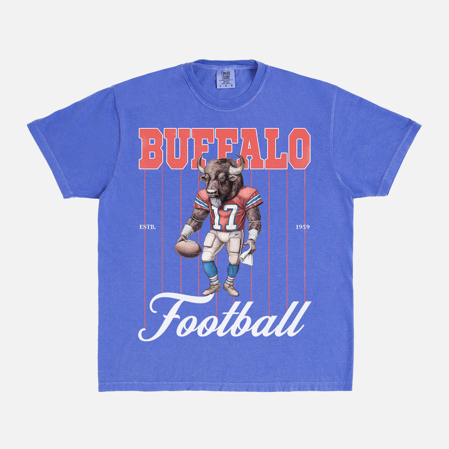 Vintage Buffalo Bills football fan t-shirt with retro masco pinstripes graphic on a unisex washed blue comfort colors shirt