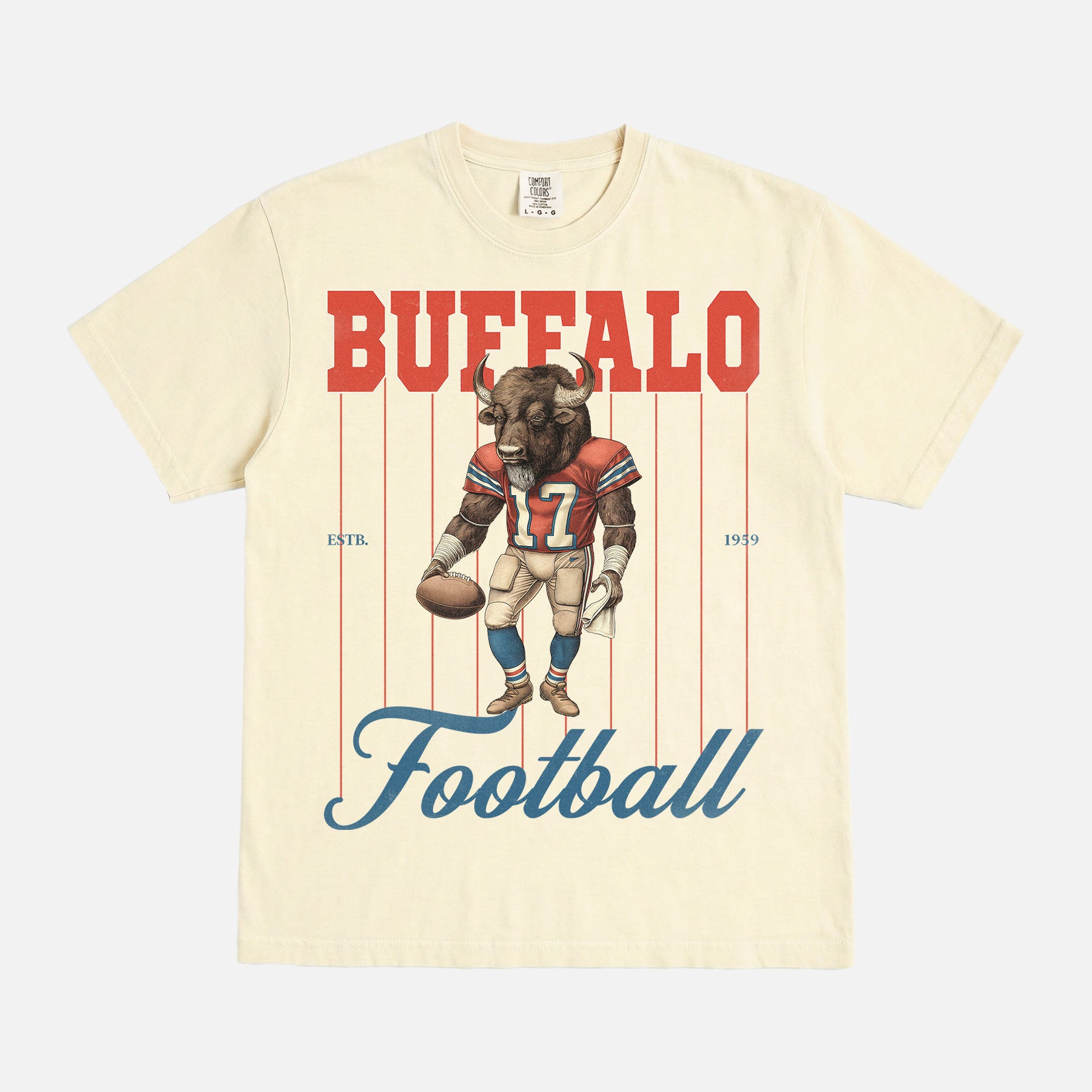 Vintage Buffalo Bills football fan t-shirt with retro masco pinstripes graphic on a unisex off white comfort colors shirt