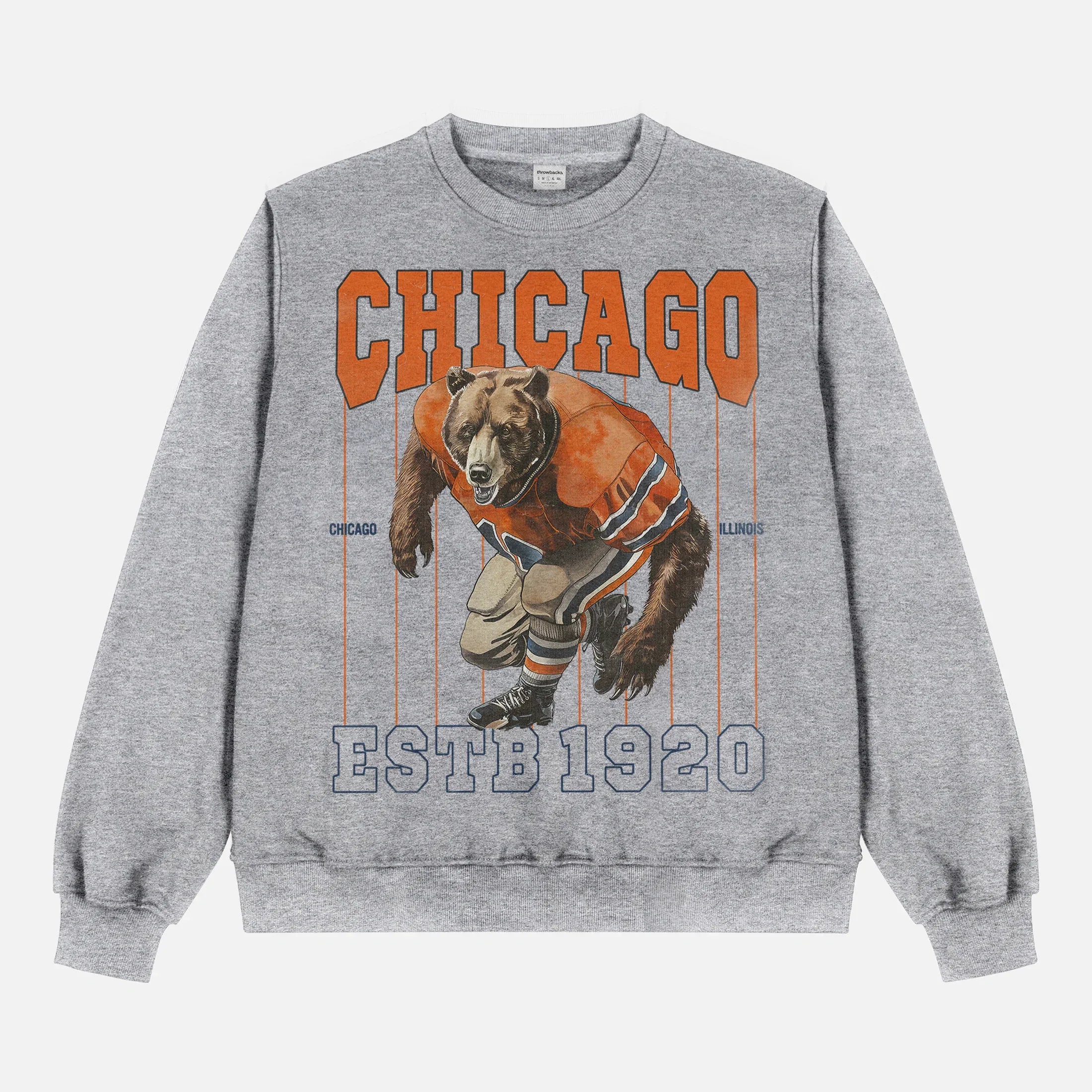 Retro heavyweight grey and orange Chicago Bears heavyweight football fan crewneck sweatshirt