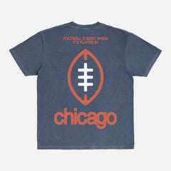 Washed navy blue comfort colors Chicago Football streetwear t-shirt with front and back print and oversized vintage Chicago Bears logo