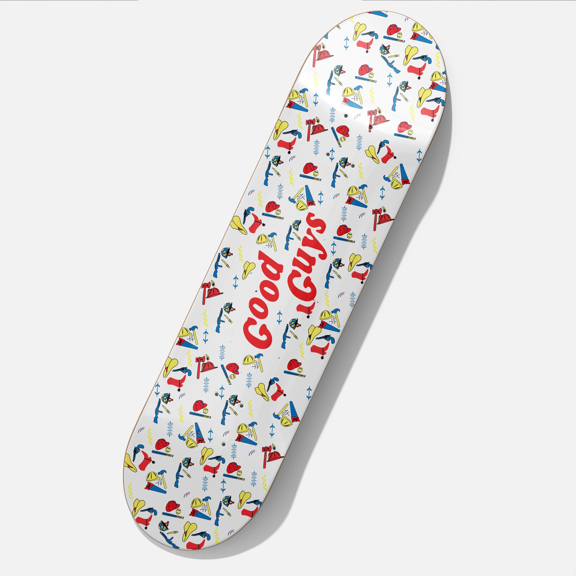 Child's Play Chucky Doll skateboard with Good Guys doll logo and creepy bright red, yellow, and blue pattern for collectors of skate decks and 80's horror movie memorabilia. 