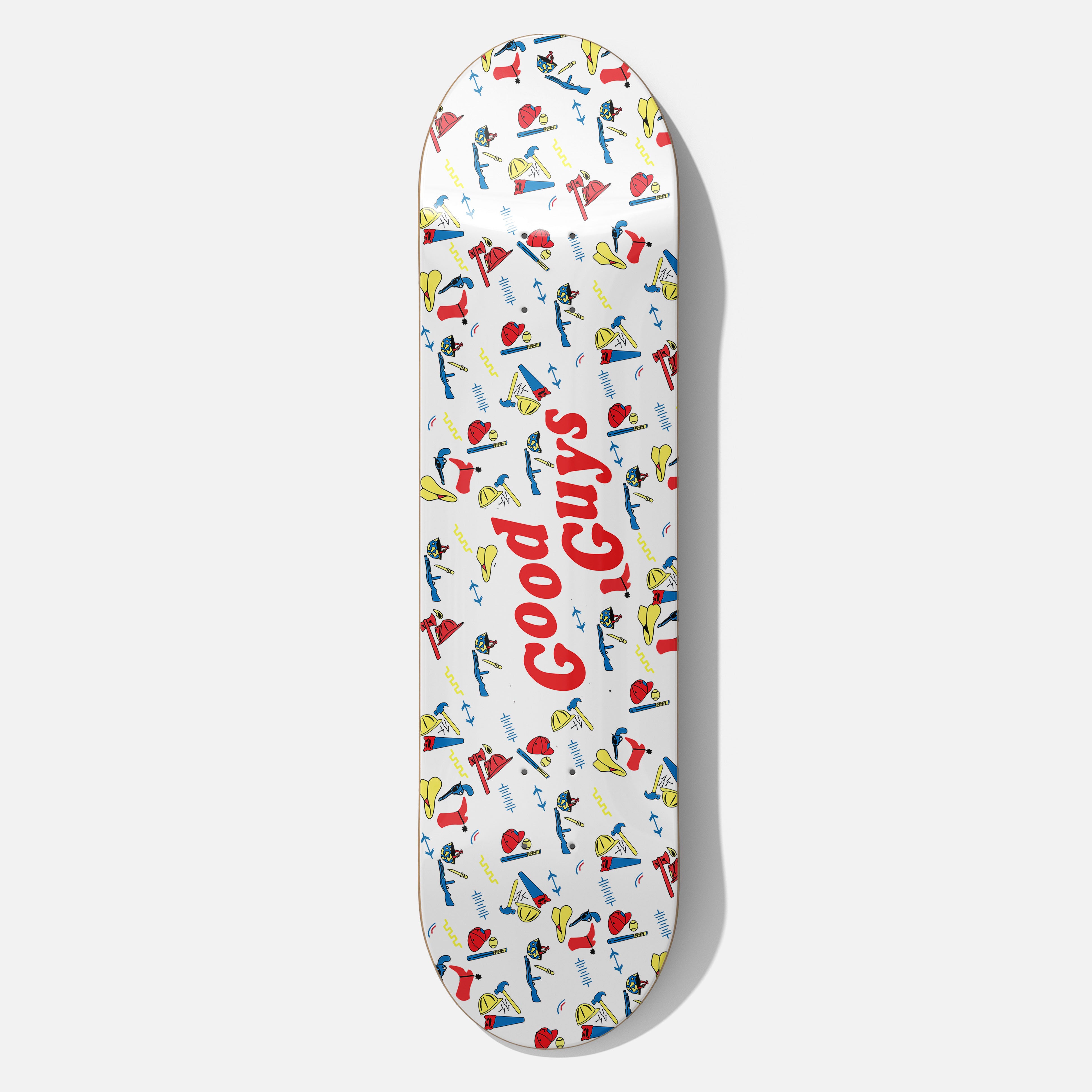 Child's Play Chucky Doll skateboard with Good Guys doll logo and creepy bright red, yellow, and blue pattern for collectors of skate decks and 80's horror movie memorabilia