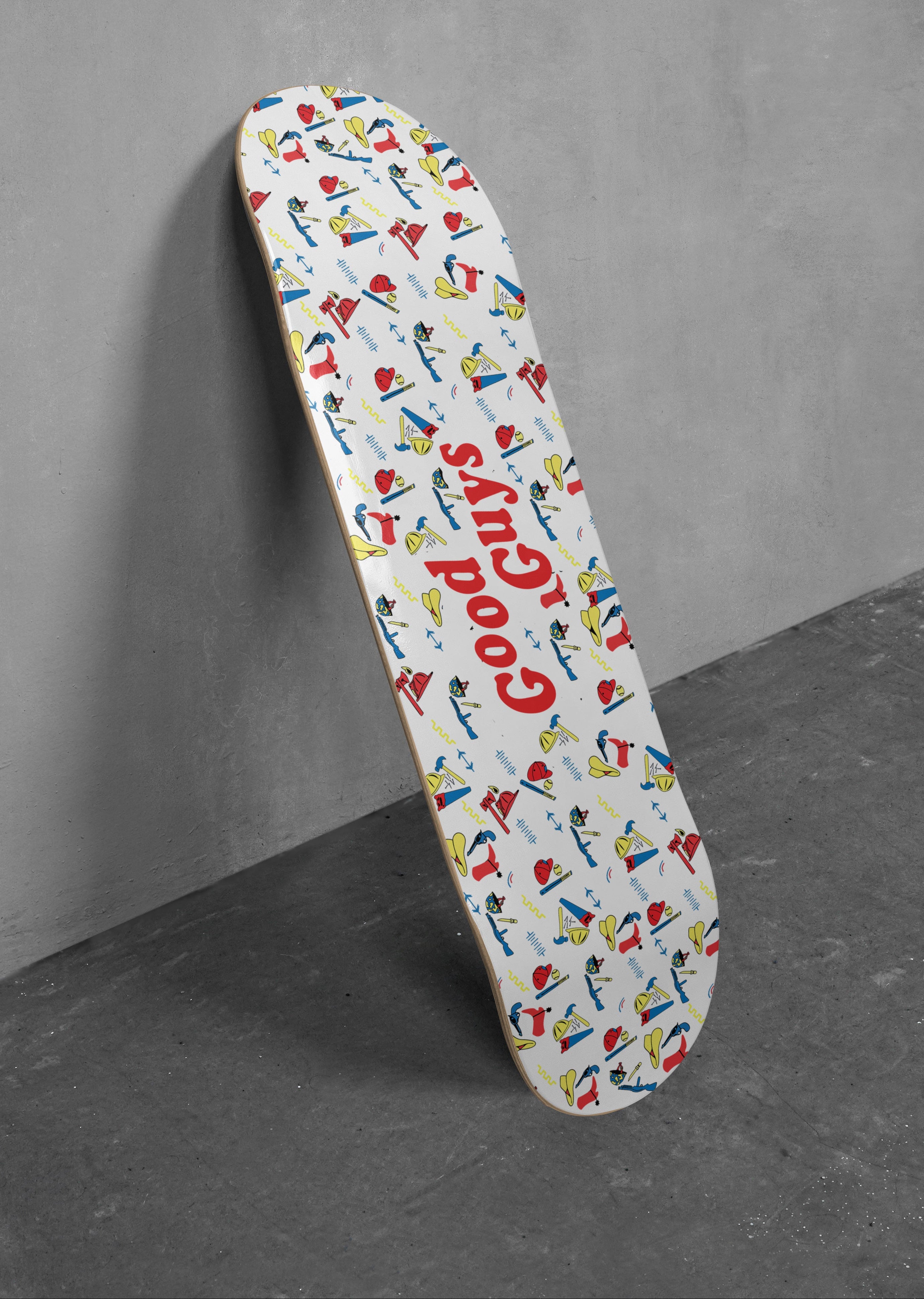 Child's Play Chucky Doll skateboard with Good Guys doll logo and creepy bright red, yellow, and blue pattern for collectors of skate decks and 80's horror movie memorabilia