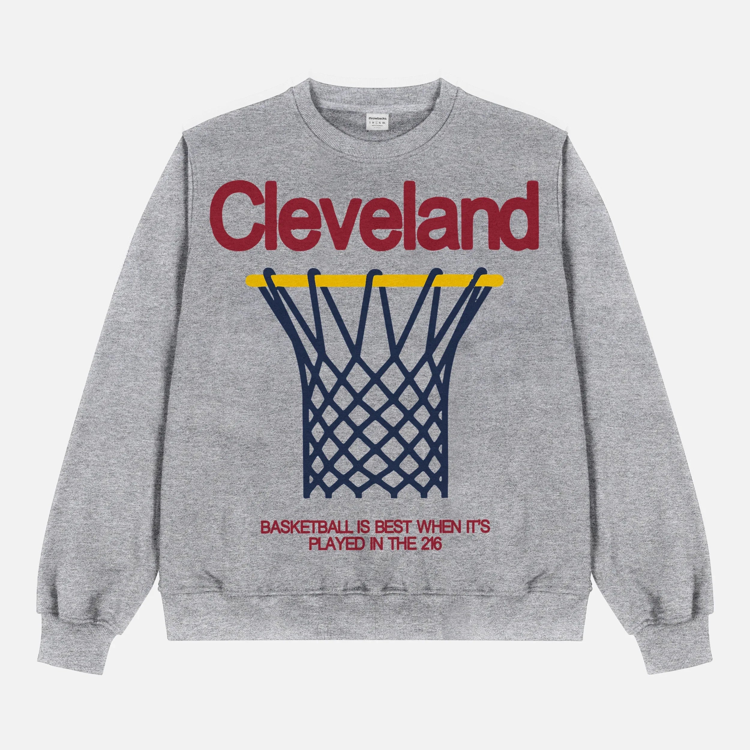 Cleveland Cavaliers heavyweight retro basketball streetwear crewneck in grey heather with oversized navy, maroon red, and yellow graphic for men and women for sale at Throwbacks