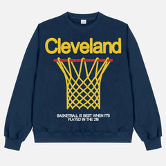 Cleveland Cavaliers heavyweight retro basketball streetwear crewneck in navy with oversized yellow  and red graphic for men and women for sale at Throwbacks