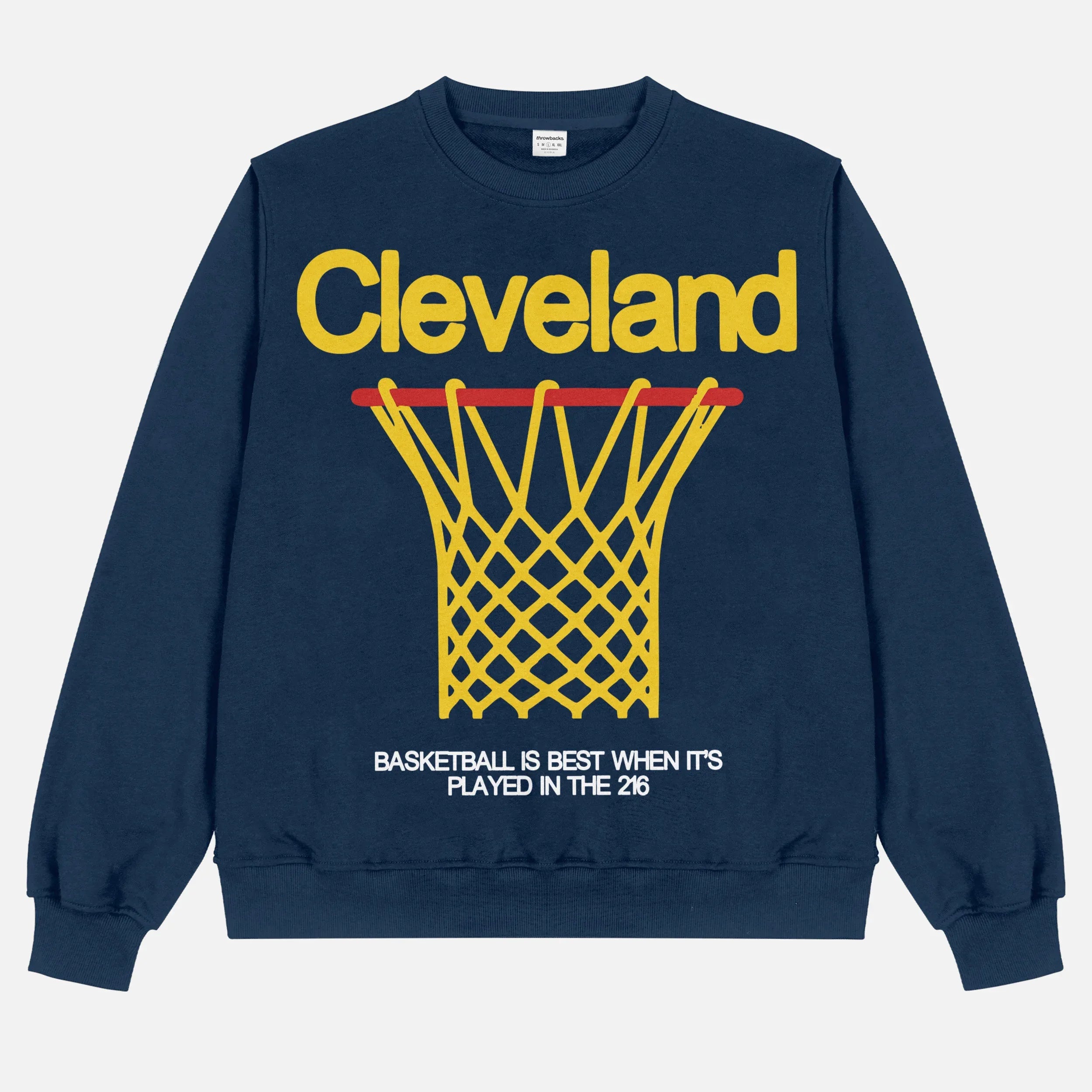 Cleveland Cavaliers heavyweight retro basketball streetwear crewneck in navy with oversized yellow  and red graphic for men and women for sale at Throwbacks