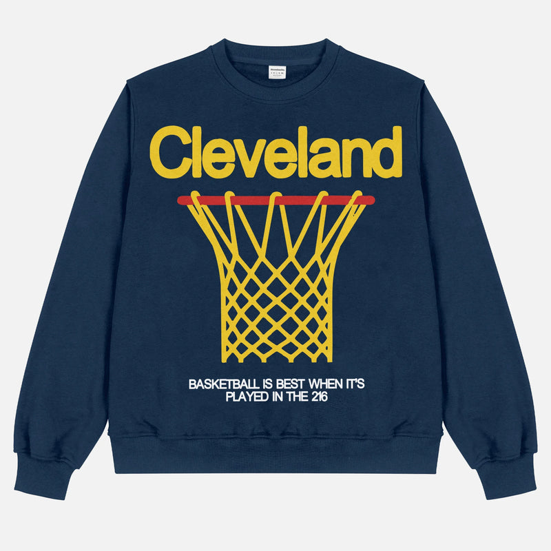 Cleveland Cavaliers heavyweight retro basketball streetwear crewneck in navy with oversized yellow  and red graphic for men and women for sale at Throwbacks