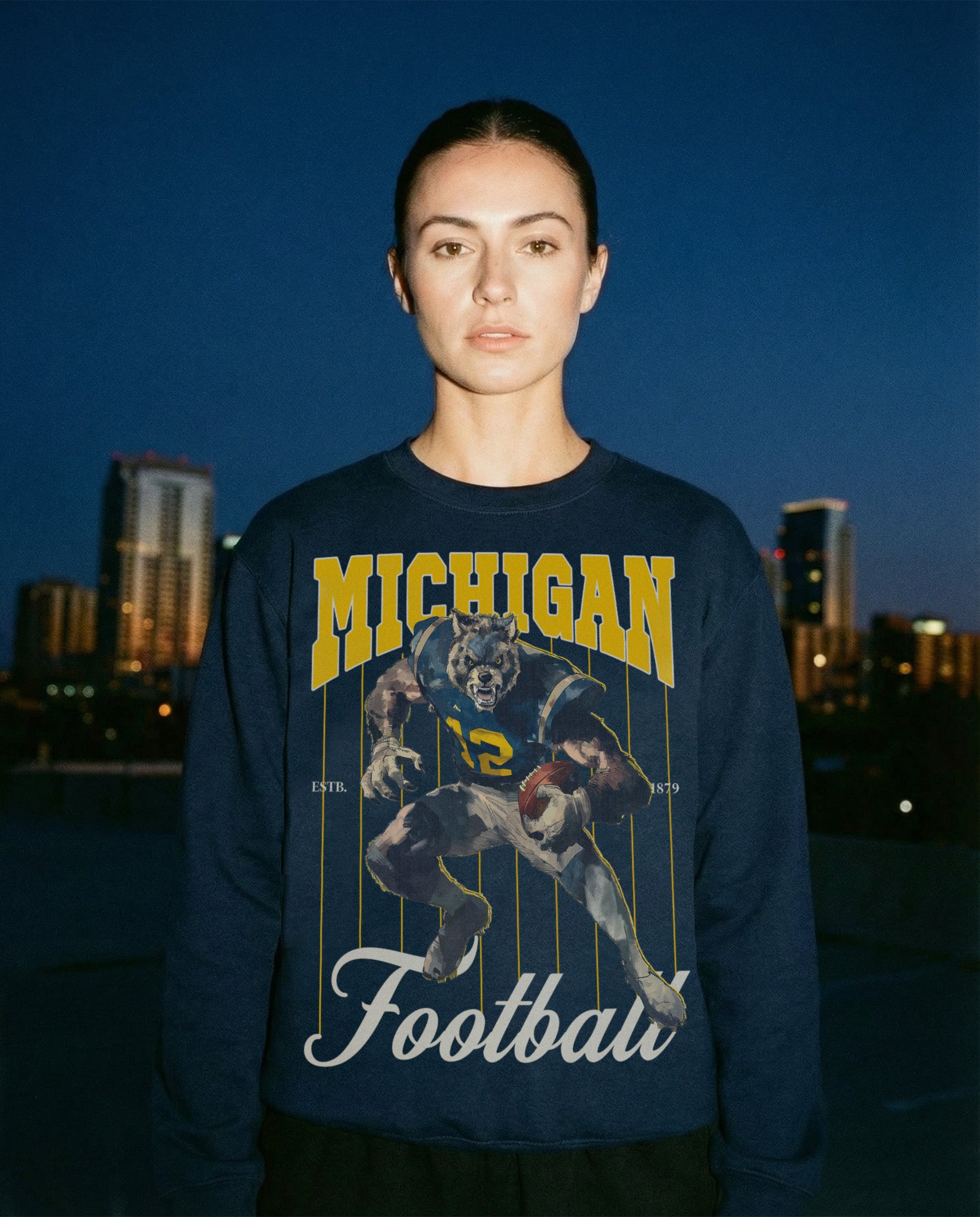 Vintage Navy University of Michigan Wolverines Football sweatshirt, retro heavyweight mascot pinstripes crewneck 