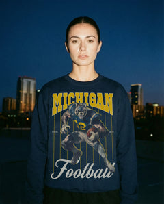 Vintage Navy University of Michigan Wolverines Football sweatshirt, retro heavyweight mascot pinstripes crewneck 