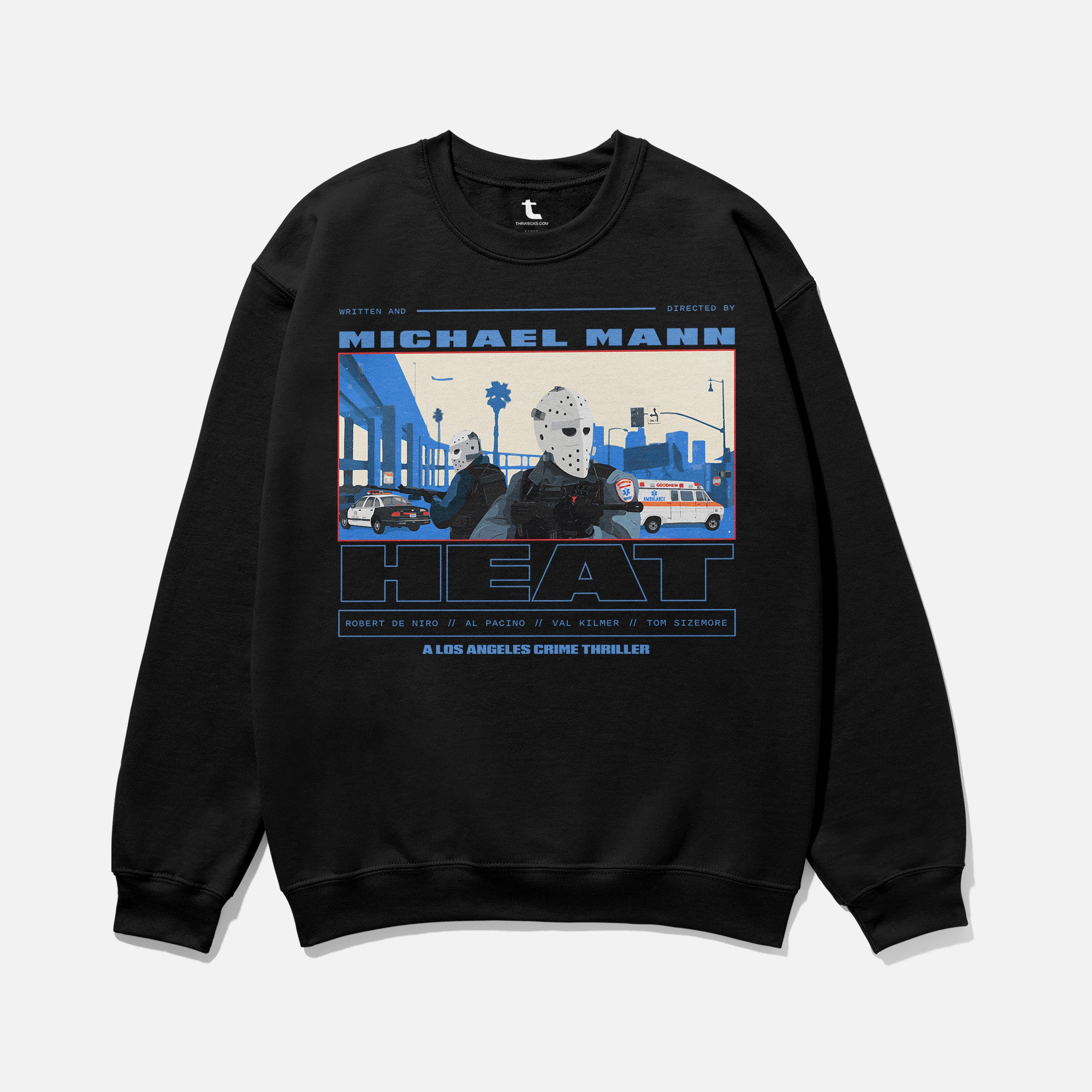 Black 1995 Heat movie sweatshirt with hockey mask scene illustration, retro 90s action movie Michael Mann crewneck streetwear