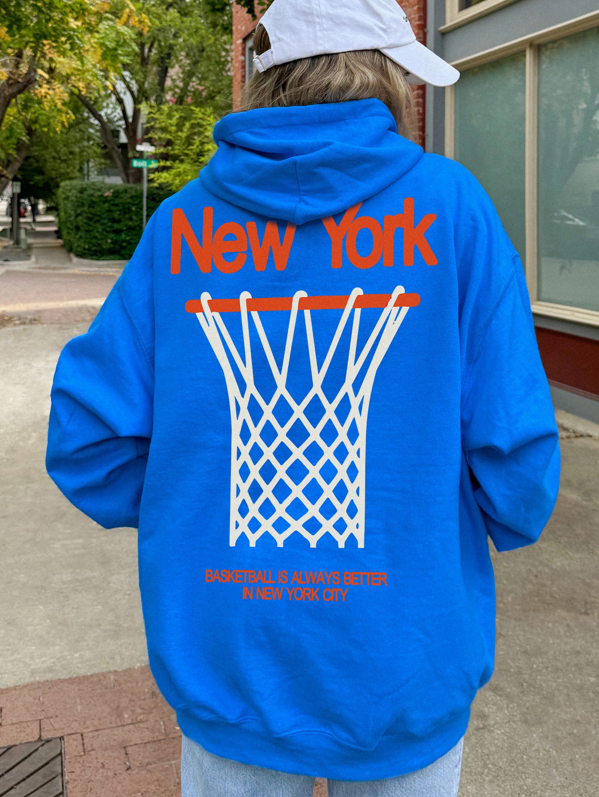 New York Knicks streetwear hoodie, retro royal blue and orange NY basketball  oversized sweatshirt with front and back print