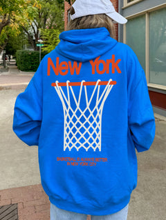 New York Knicks streetwear hoodie, retro royal blue and orange NY basketball  oversized sweatshirt with front and back print