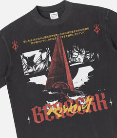 Cool streetwear style Berserk anime graphic tee with Dragonslayer and grunge manga art on a heavyweight faded black t-shirt