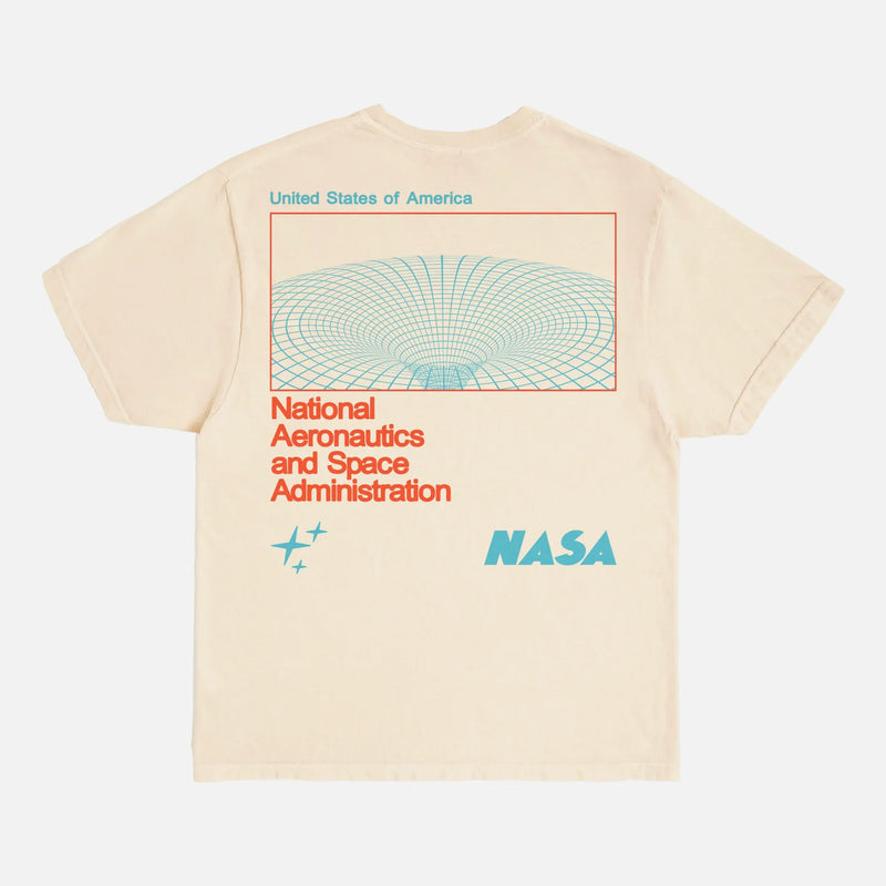 Beige off white retro NASA streetwear graphic t-shirt with custom vintage Worm logo and wormhole graphic on a unisex comfort colors shirt