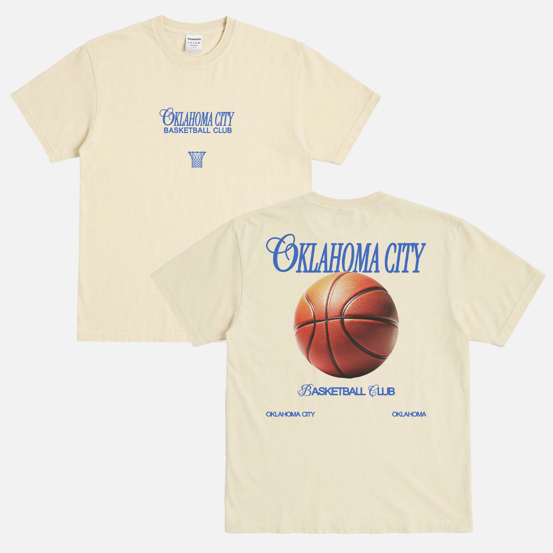 Vintage Oklahoma City Thunder OKC basketball streetwear t-shirt with front and back print on an off white comfort colors shirt