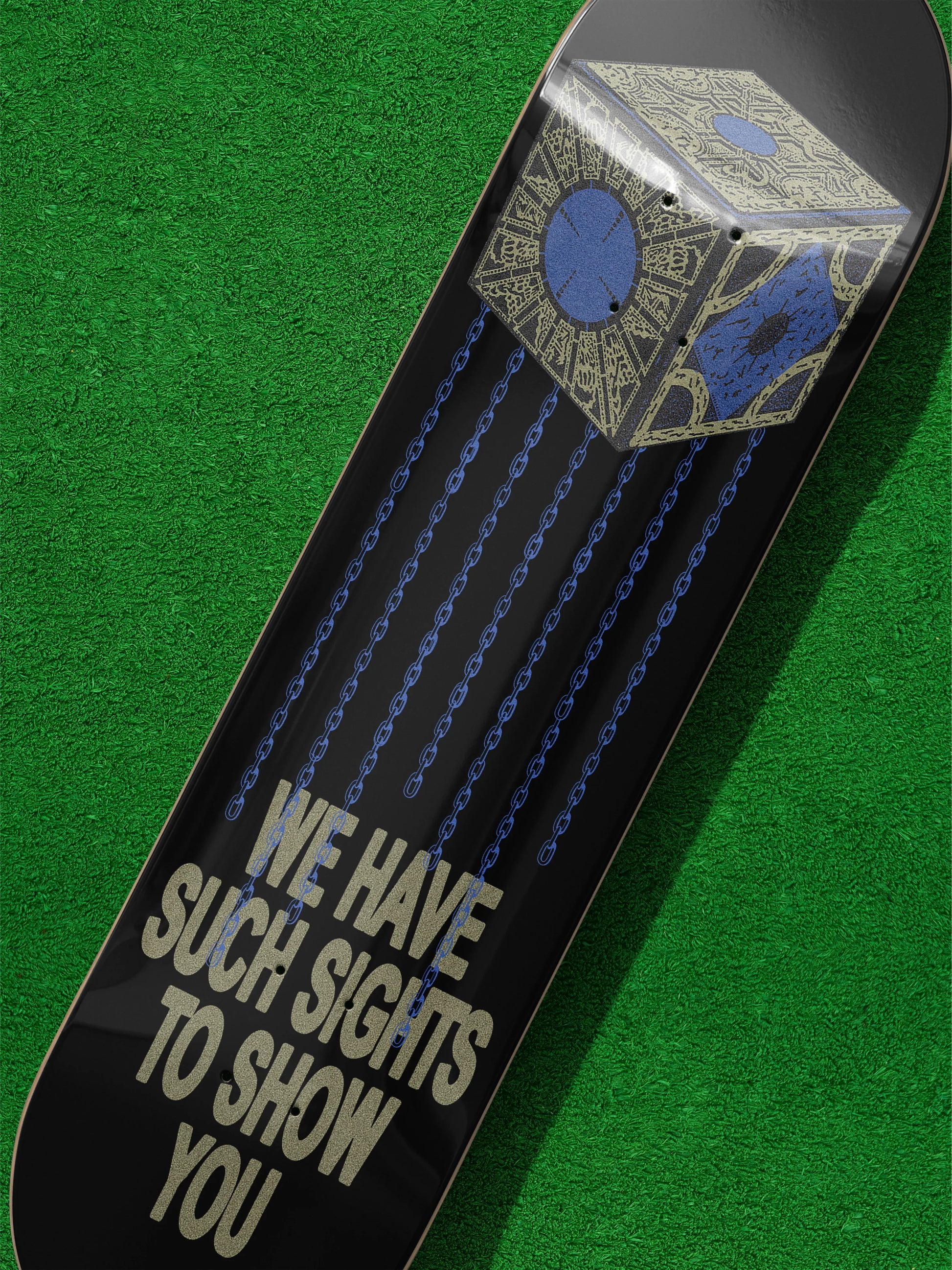 Hellraiser Movie skateboard, retro 80s horror movie pinhead lament configuration skate deck wall art collectable 