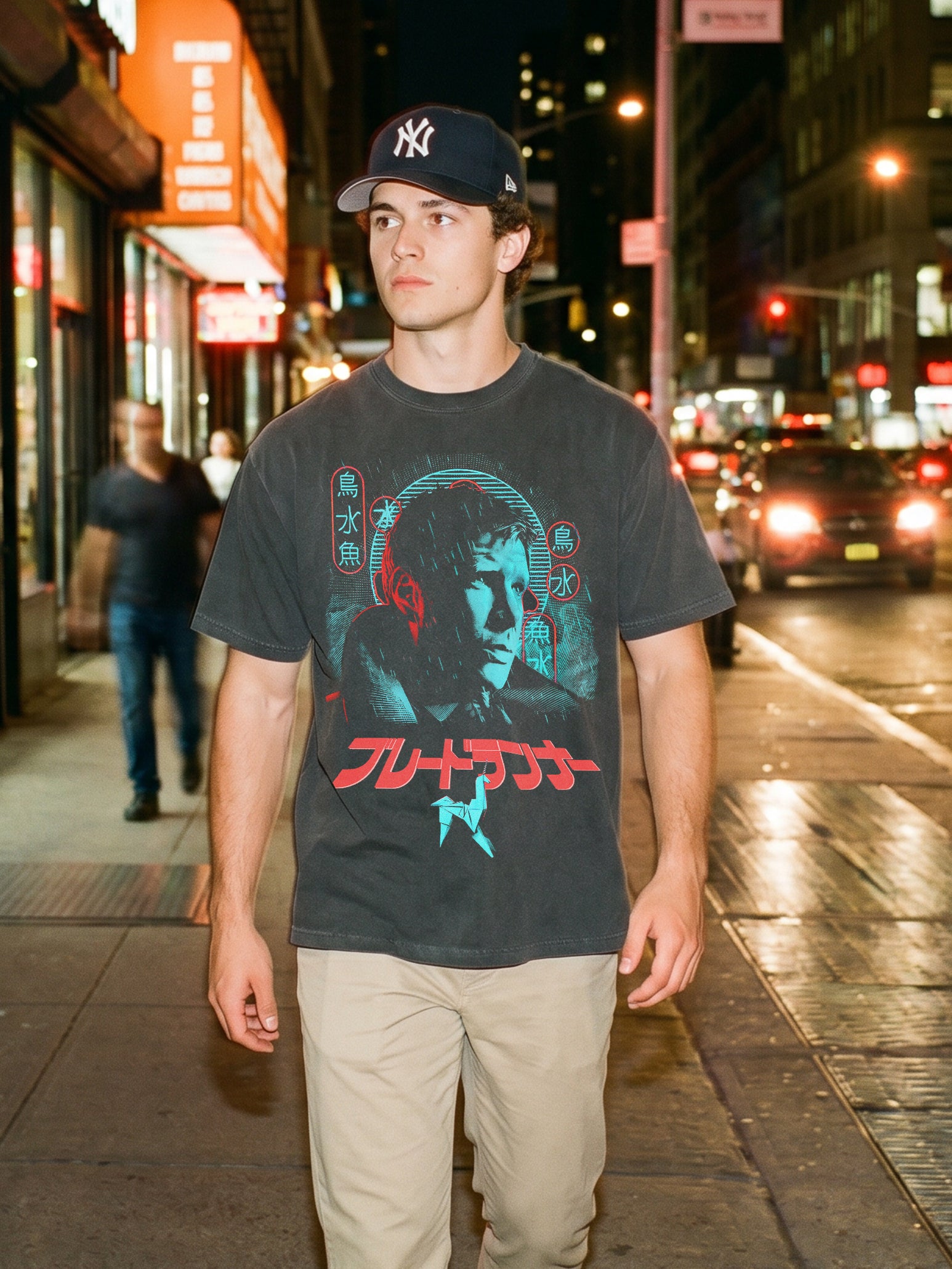 1982 Original Blade Runner movie streetwear graphic t-shirt with retro neon movie poster art on a heavyweight faded black tee for sale at Throwbacks