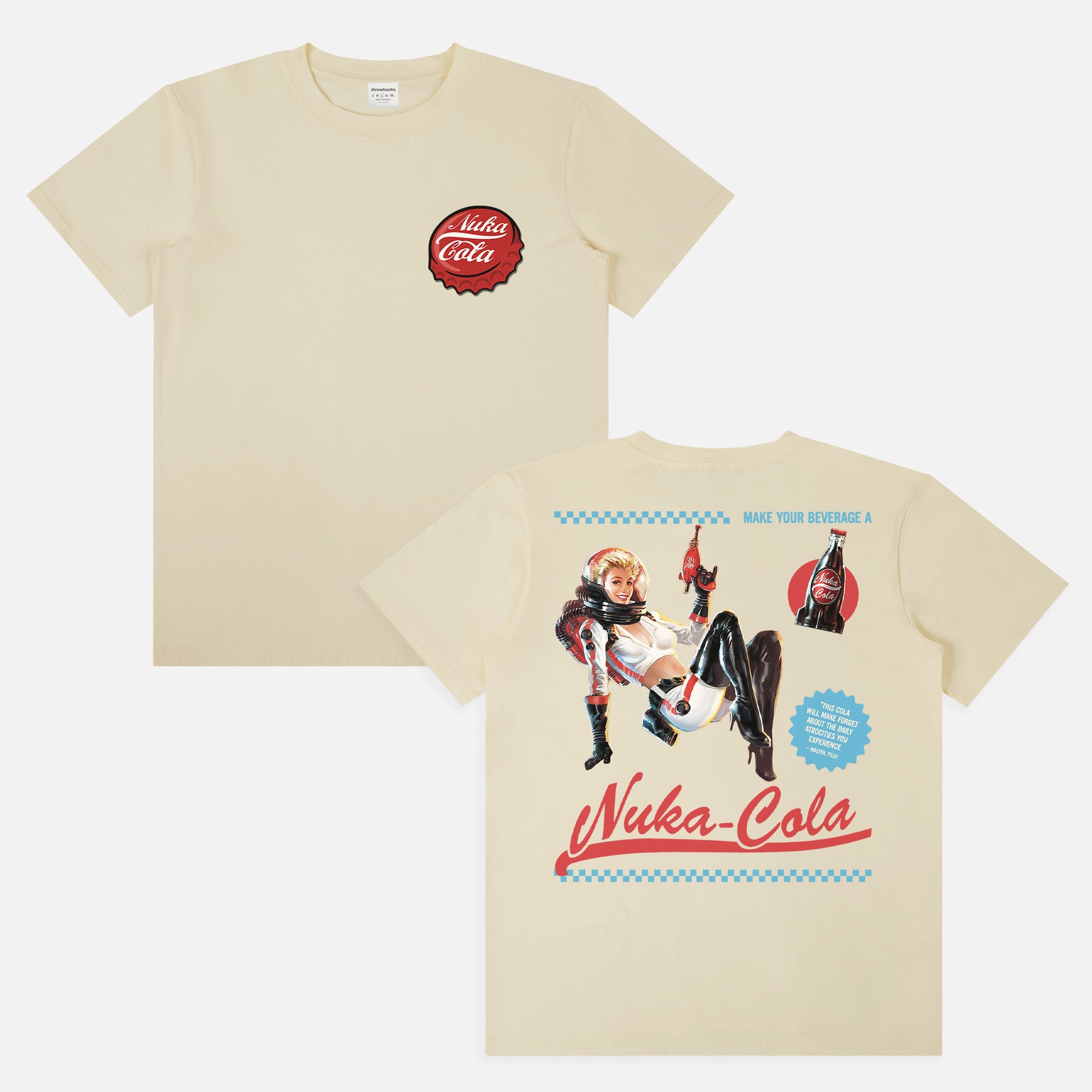 White red and blue fallout video game tv show graphic tee shirt with Nuka Cola bottle cap logo and retro space girl ad for men and women for sale at Throwbacks