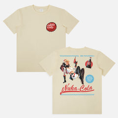 White red and blue fallout video game tv show graphic tee shirt with Nuka Cola bottle cap logo and retro space girl ad for men and women for sale at Throwbacks
