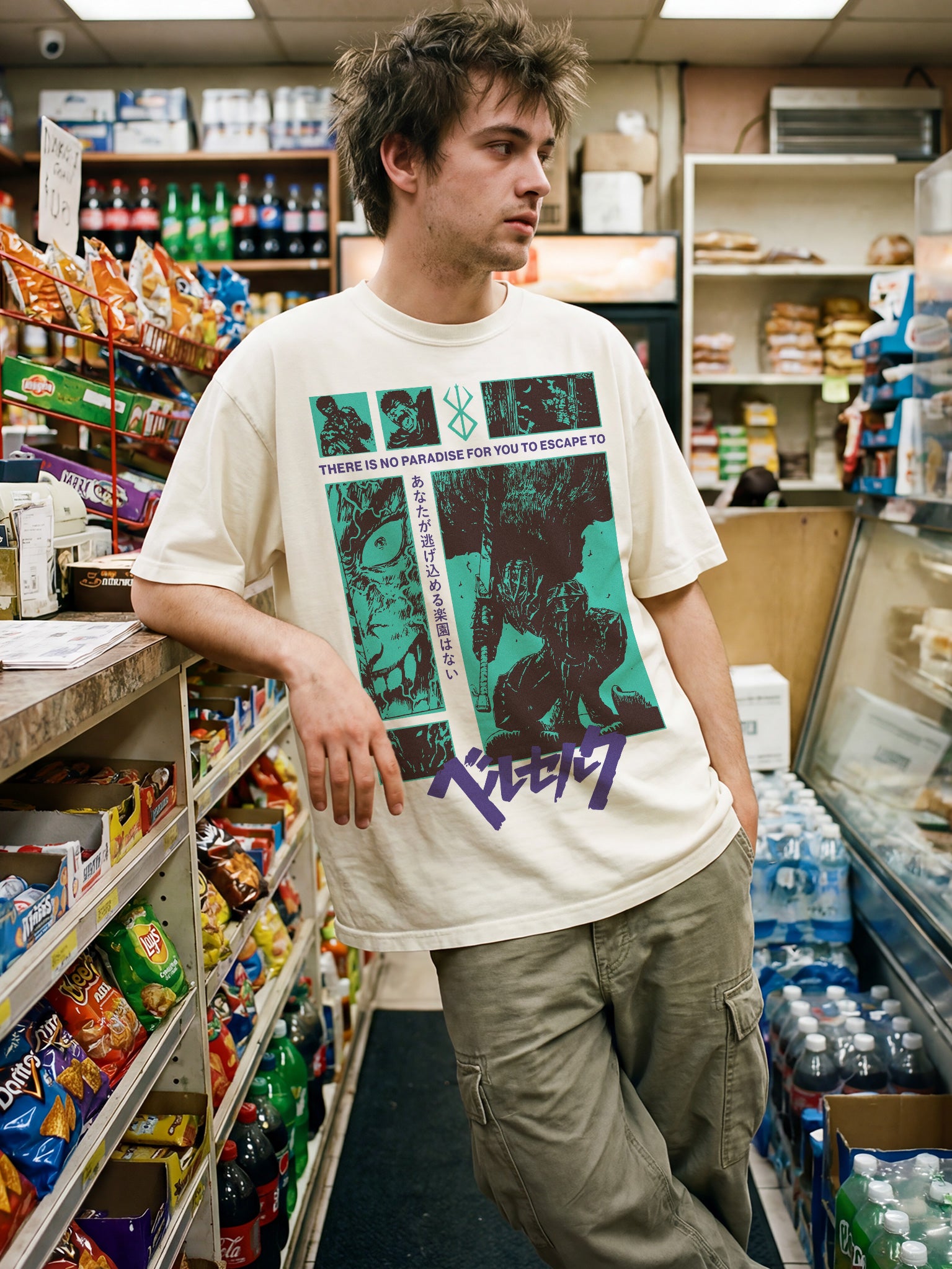 Berserk Teal Grunge Anime Streetwear T-Shirt with custom halftone illustrations of Guts and Beast of darkness on a distressed off white streetwear tee