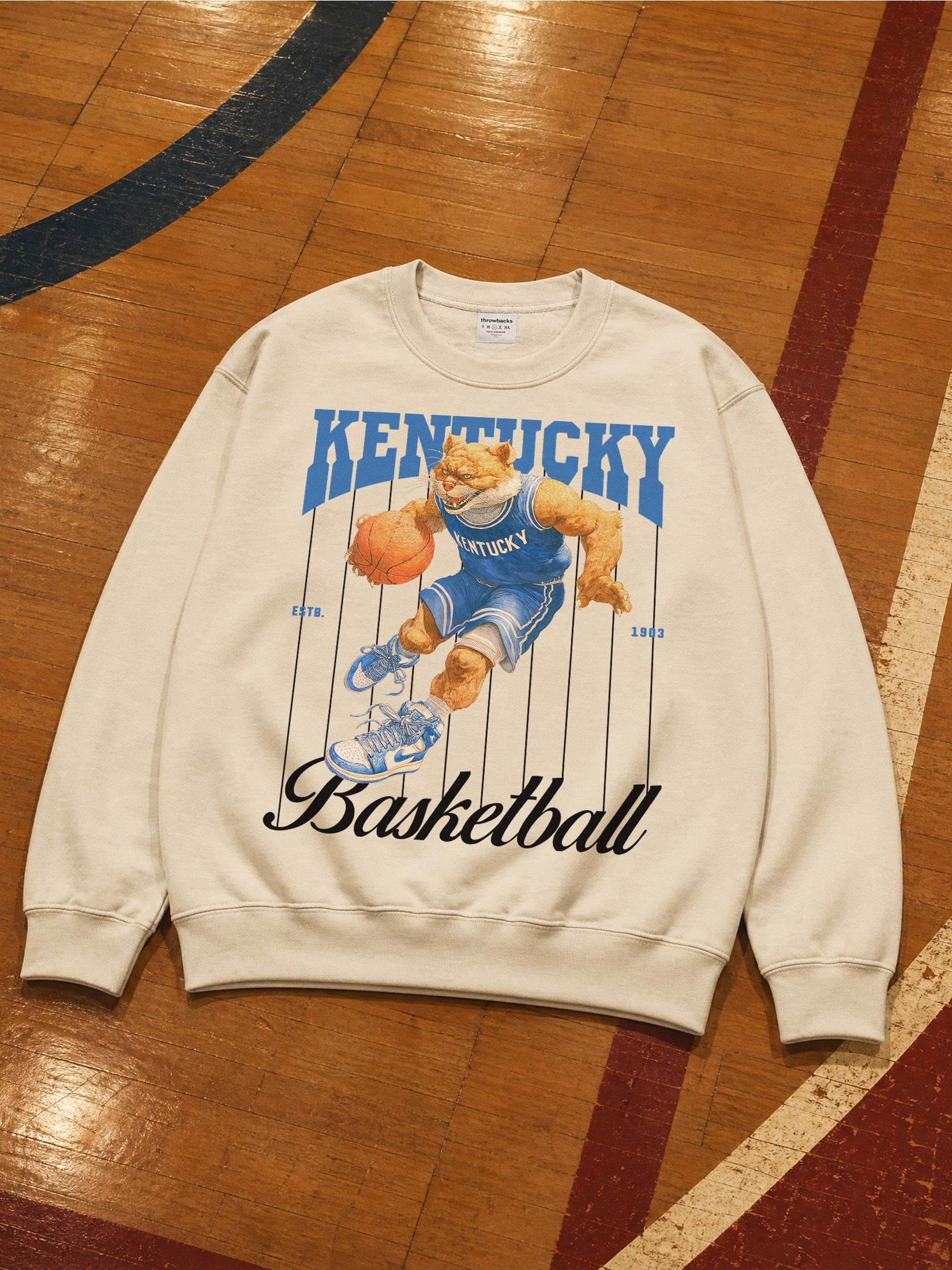 Kentucky Basketball Pinstripes Sweatshirt with vintage Wildcats mascot and streetwear graphic on a unisex off white crewneck