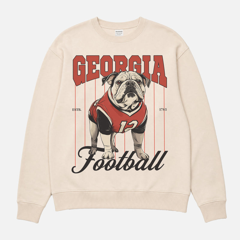 Retro Heavyweight Georgia bulldogs football sweatshirt, cute off white crewneck with red pinstripes and Bulldog mascot