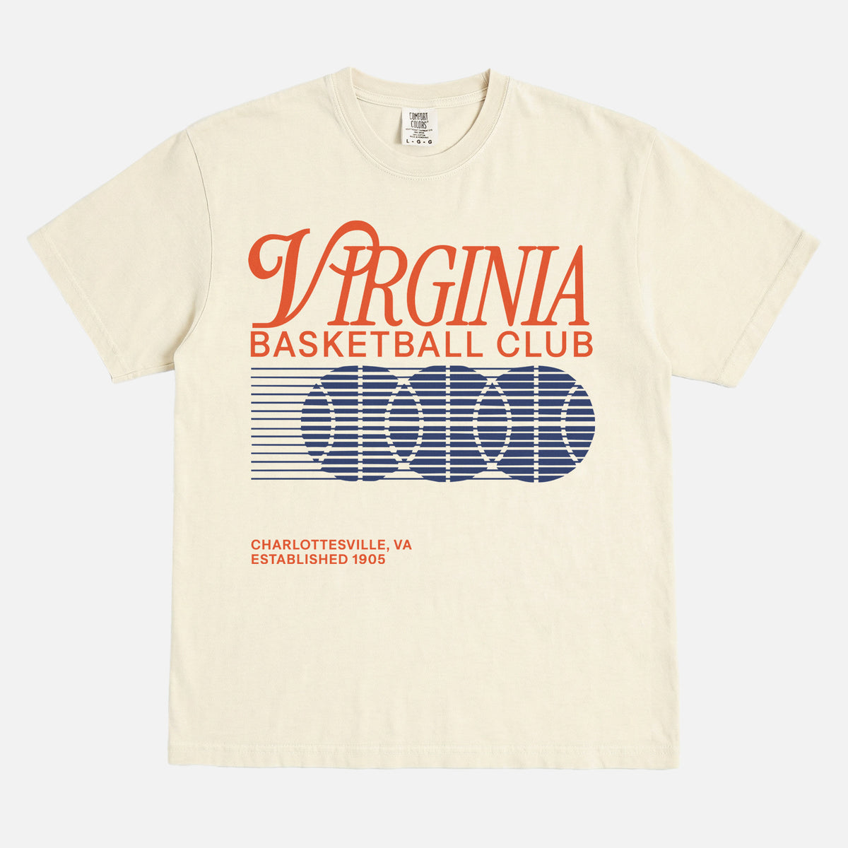 Cute retro Virginia Cavaliers basketball t-shirt with retro 90s college bball graphic on a faded cream comfort colors tee