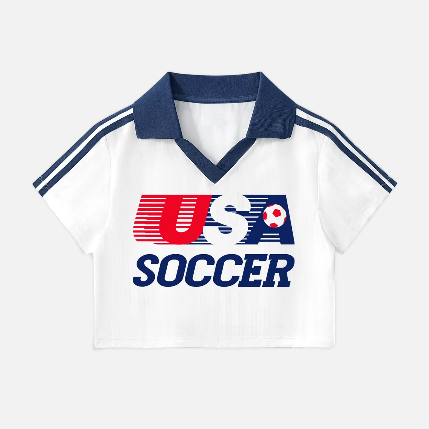 Cute vintage United States woman's soccer jersey, white with navy stripes and retro navy collor and USA soccer logo