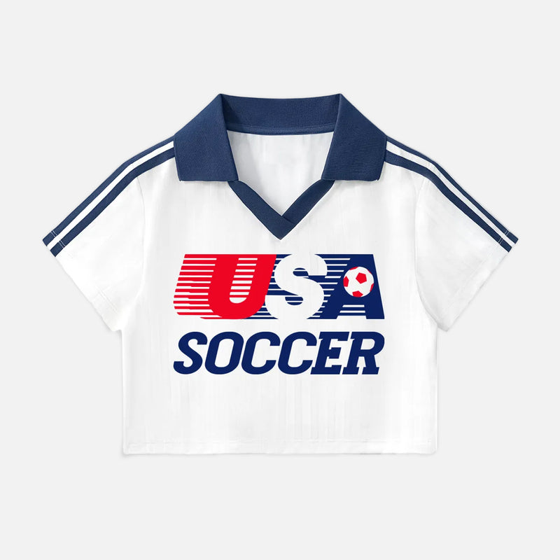 Cute vintage United States woman's soccer jersey, white with navy stripes and retro navy collor and USA soccer logo