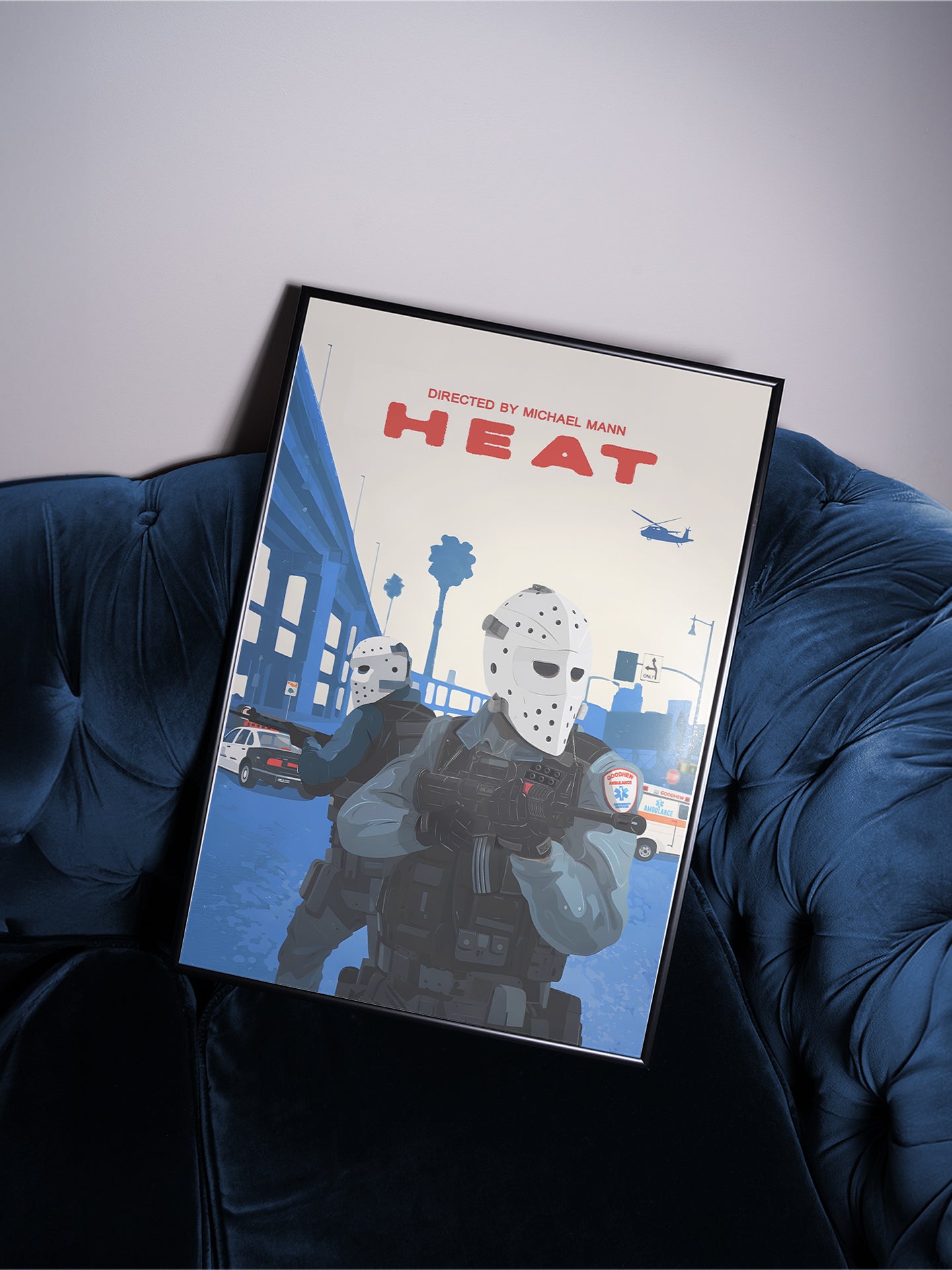 1995 Heat Movie Poster, framed or unframed hockey mask armored truck robbery scene print for sale at Throwbacks