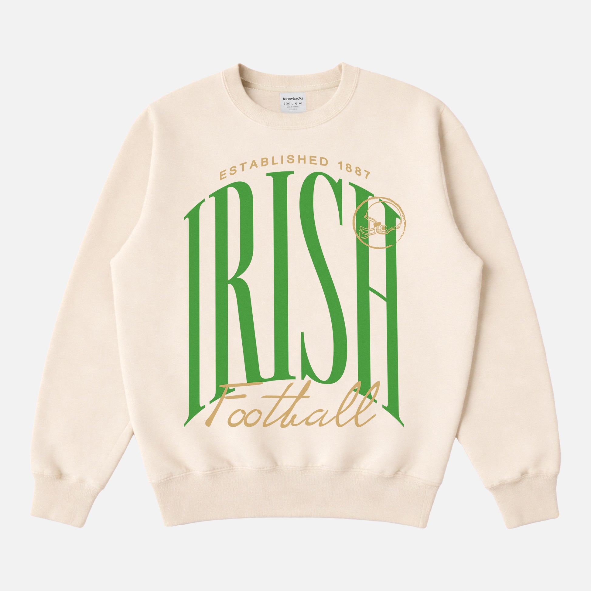 Notre DAme college football sweatshirt with fighting irish green and gold graphic on a premium cream unisex crewneck
