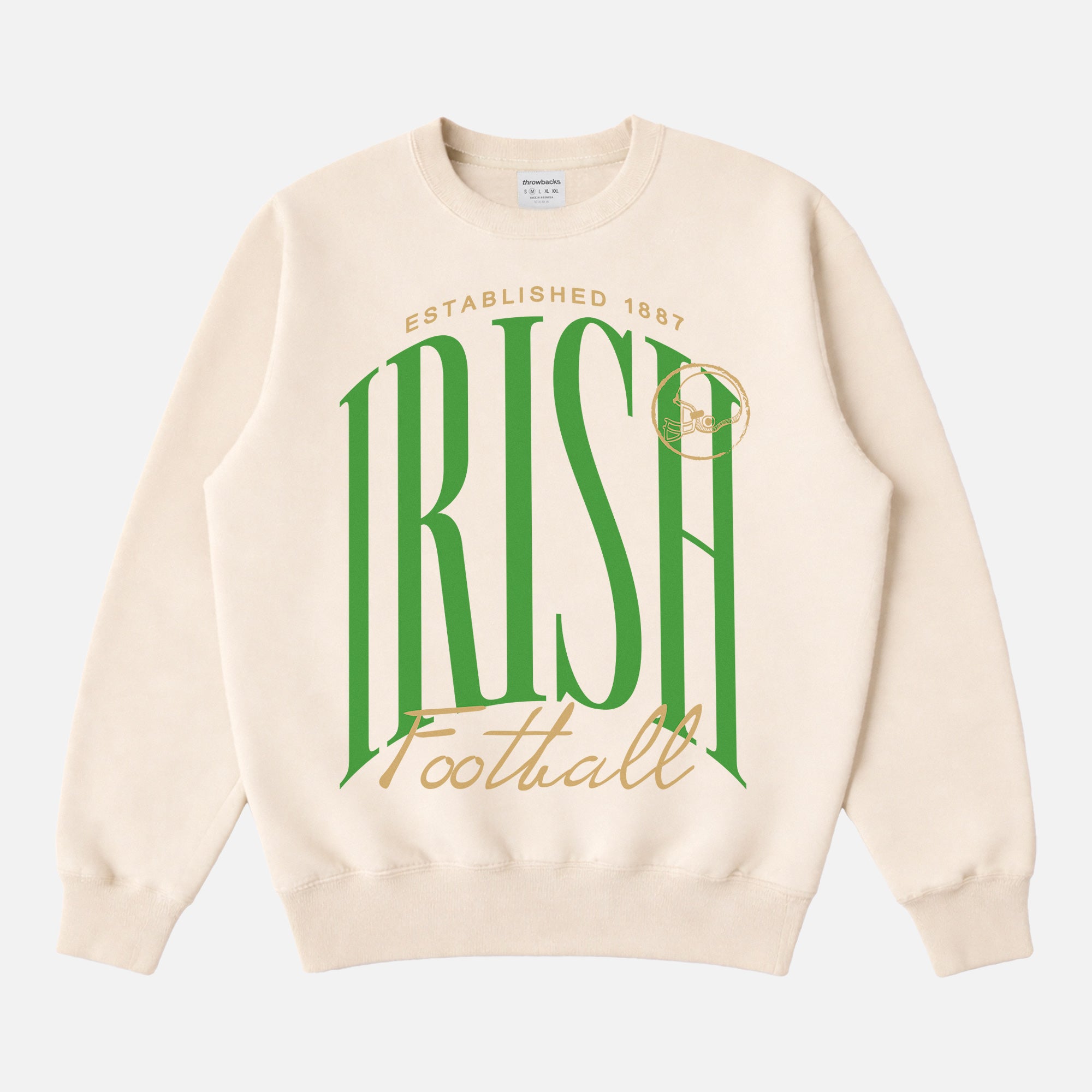 Notre DAme college football sweatshirt with fighting irish green and gold graphic on a premium cream unisex crewneck