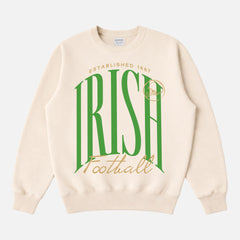 Notre DAme college football sweatshirt with fighting irish green and gold graphic on a premium cream unisex crewneck